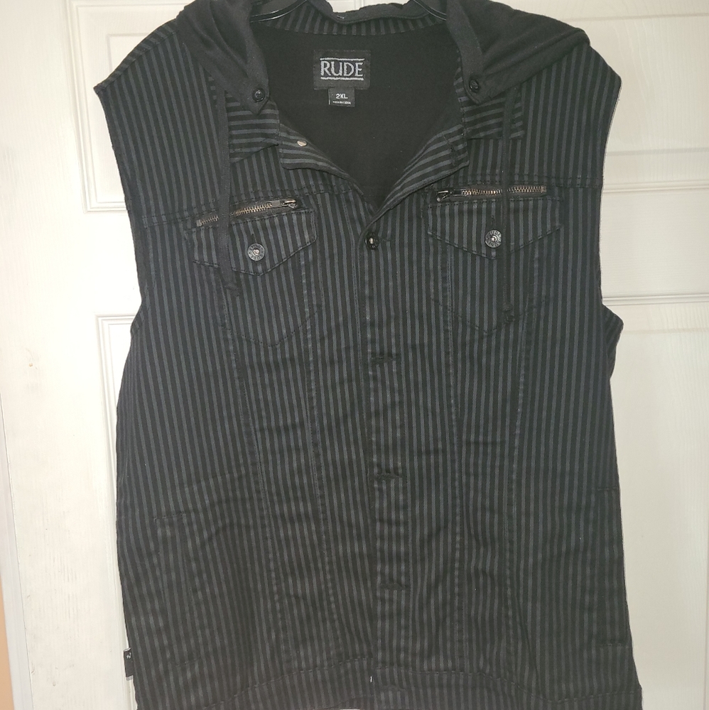 XXX Rude Mens Black White Pinstripe Hooded Button Up Waistcoat Vest 2XL